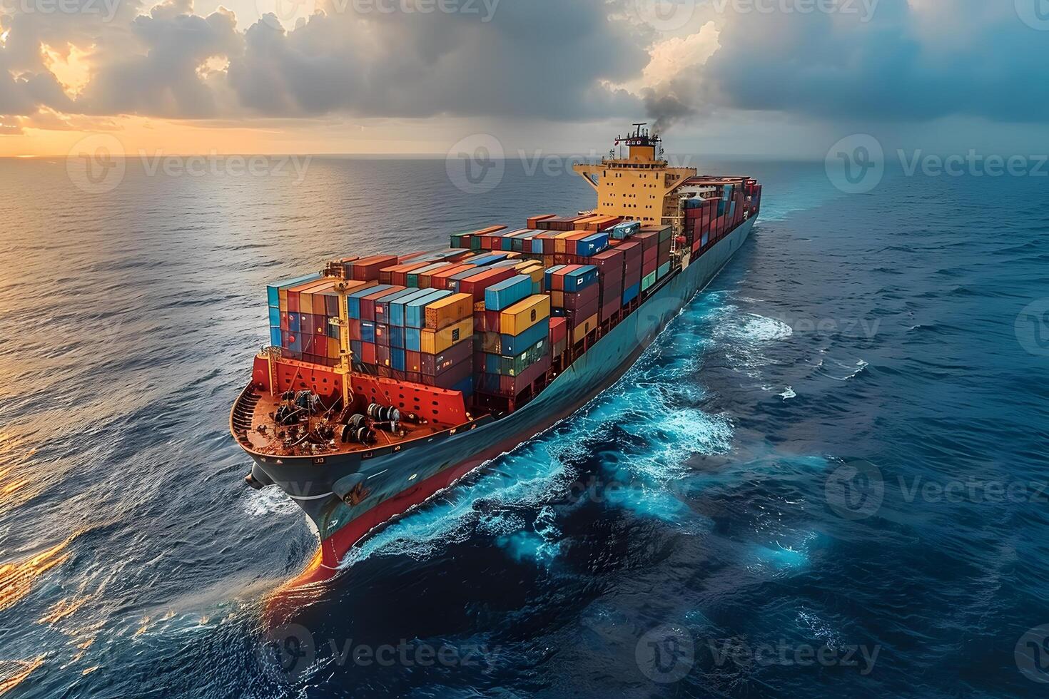 Container Ship Navigating Ocean Waters at Sunrise for Global Trade and Logistics photo