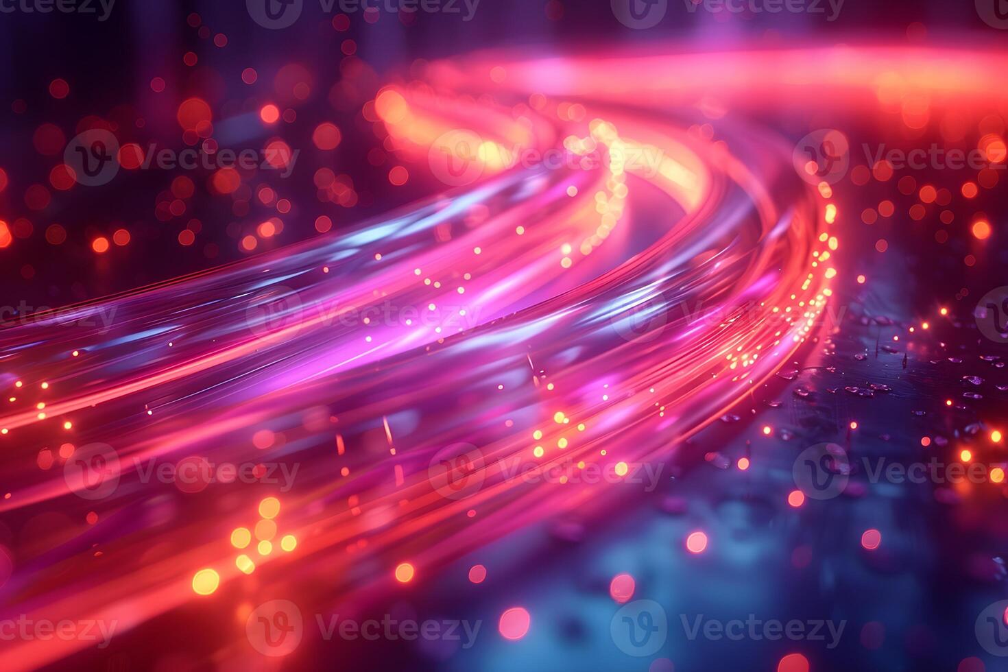 Abstract Neon Light Trails and Bokeh on a Wet Surface for Modern Design photo