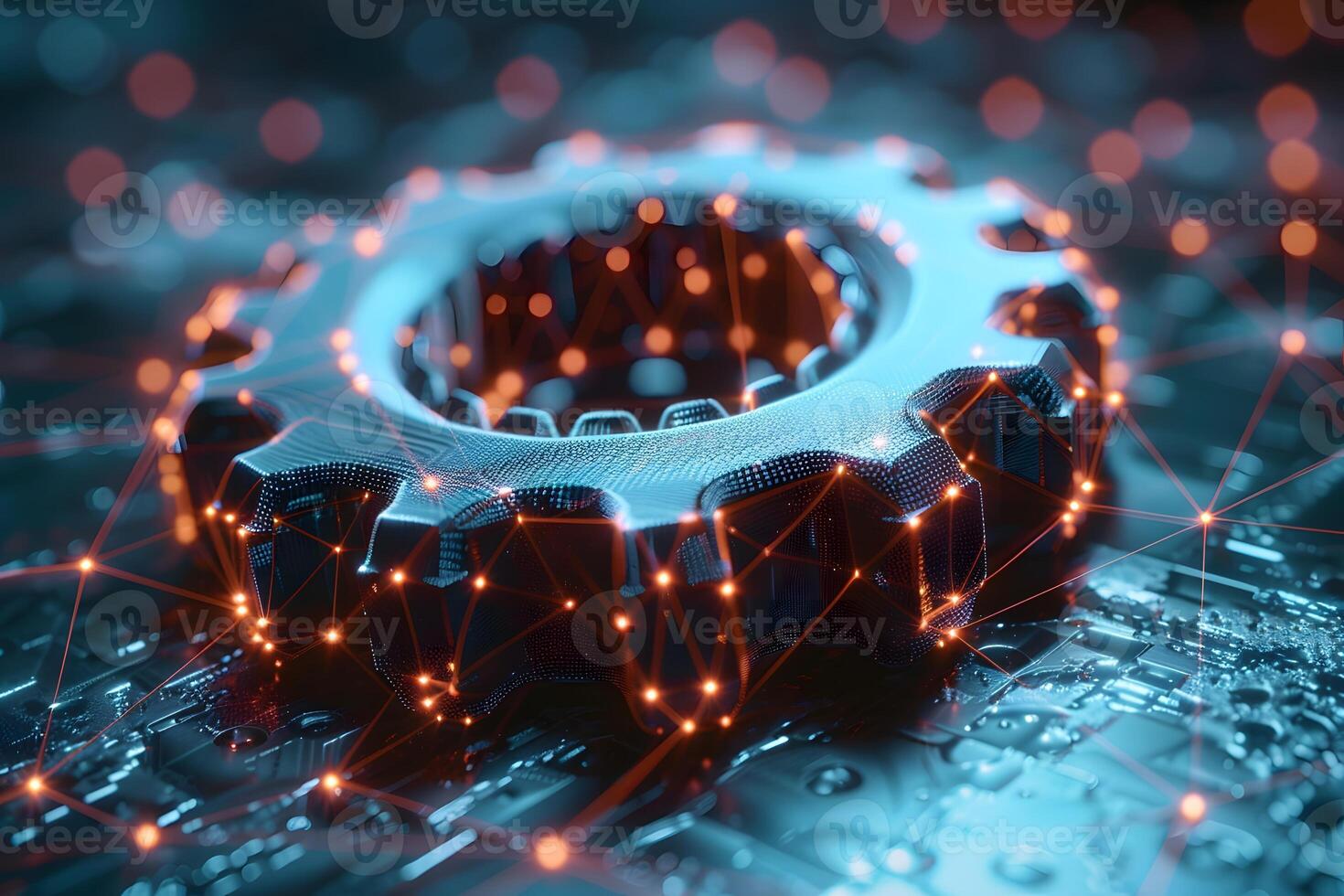 Futuristic Cybernetwork Gear with Digital Connections and Technology Concept photo