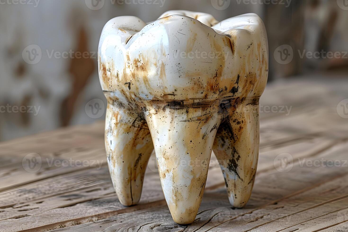 Giant Tooth Sculpture on Wooden Surface for Dental Art and Decor Theme photo