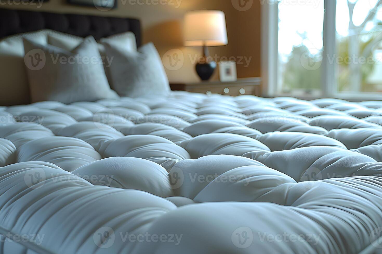 Luxurious Bedroom with Elegant Quilted Bedding and Soft Lighting for Relaxation photo