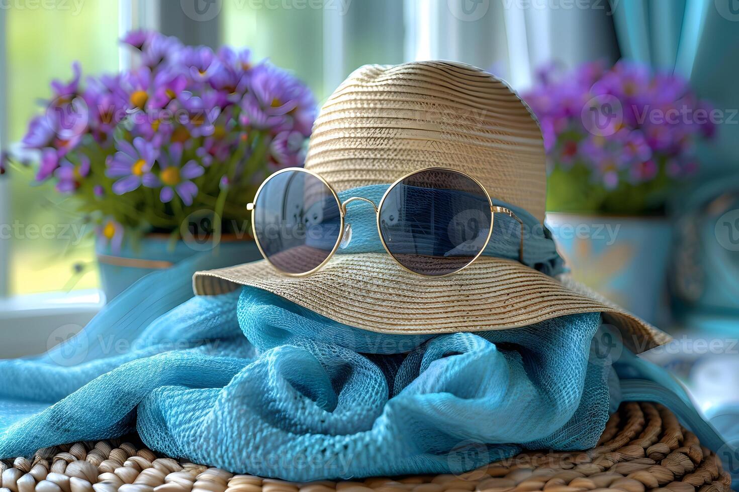 Summer Elegance Straw Hat and Sunglasses Amid Vibrant Flowers for Relaxation Ambiance photo