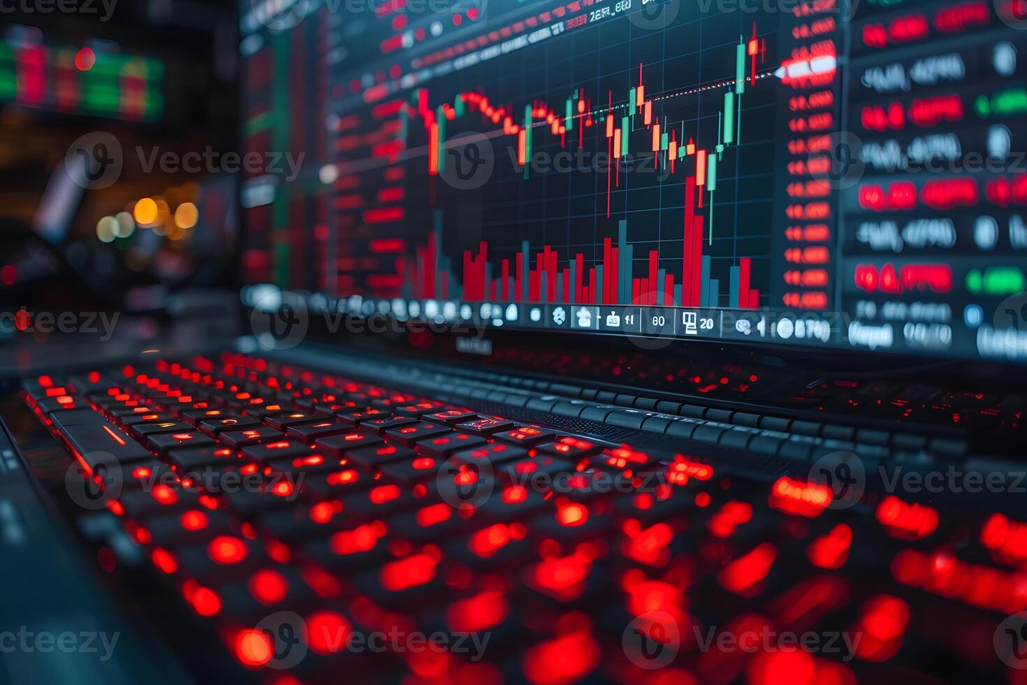 Digital Trading Platform with Real-Time Market Analysis on a Red-Lit Keyboard photo
