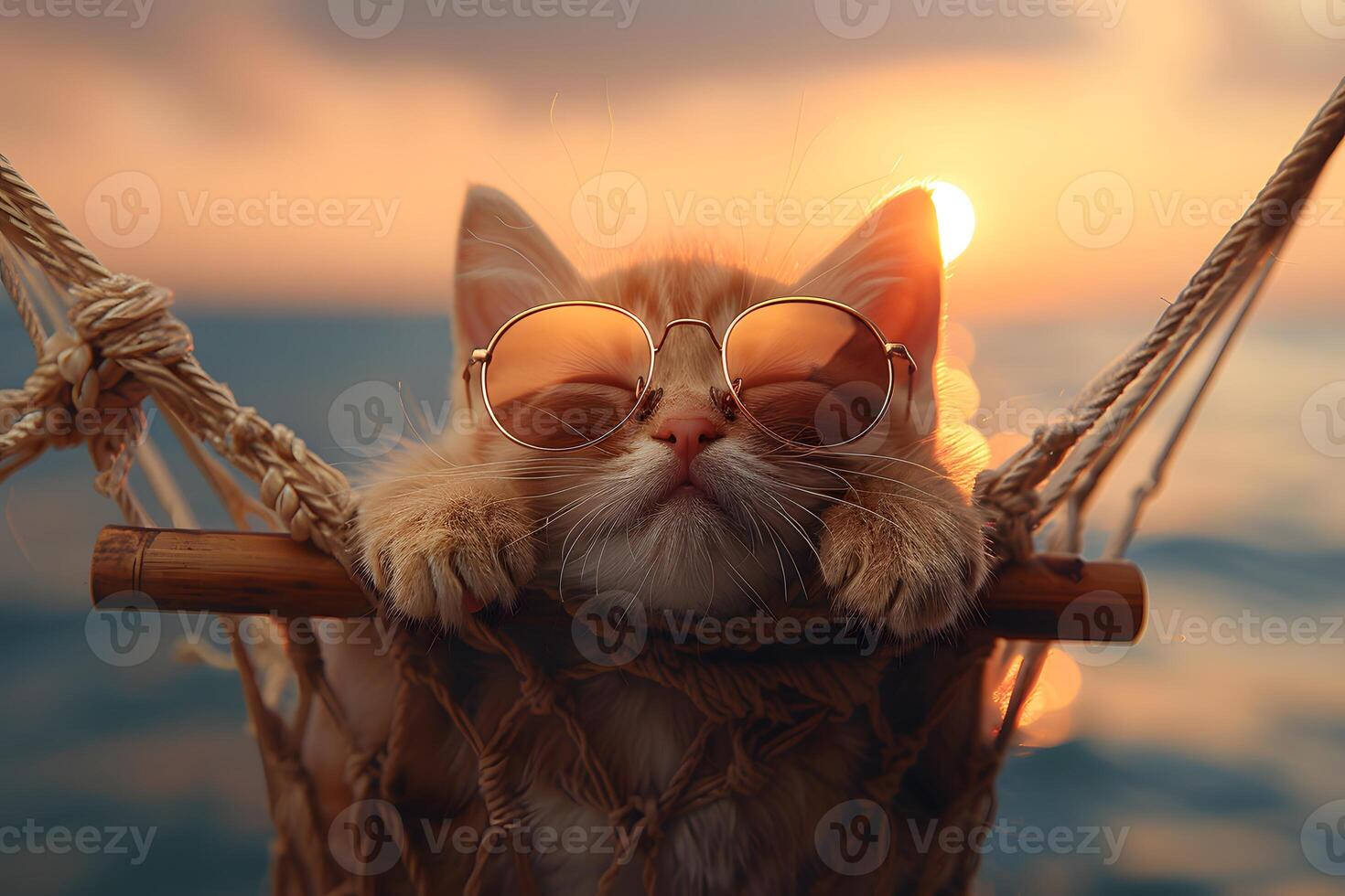 Relaxed Cat with Sunglasses in a Hammock at Sunset - Perfect for Summer Vibes and Relaxation Themes photo