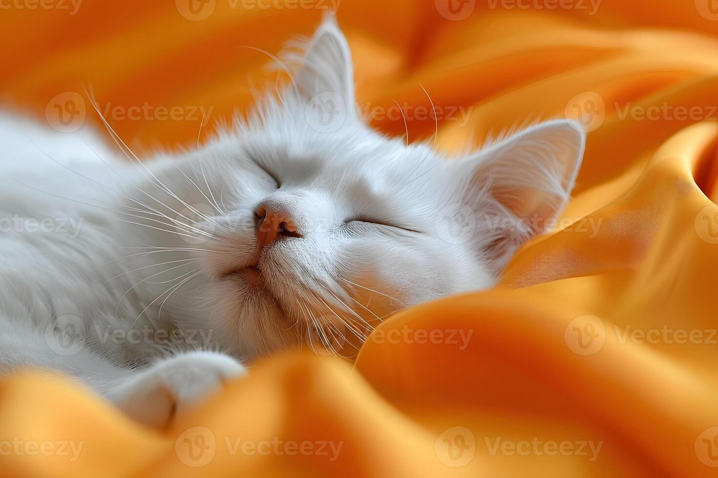 Serene White Cat Sleeping on Vibrant Orange Fabric - Perfect for Calm and Relaxation Themes photo