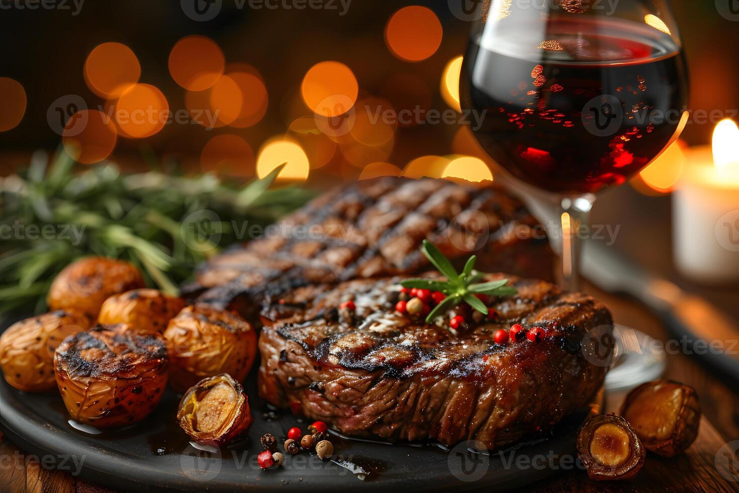 Gourmet Grilled Steak Dinner with Red Wine and Roasted Potatoes in an Elegant Setting photo
