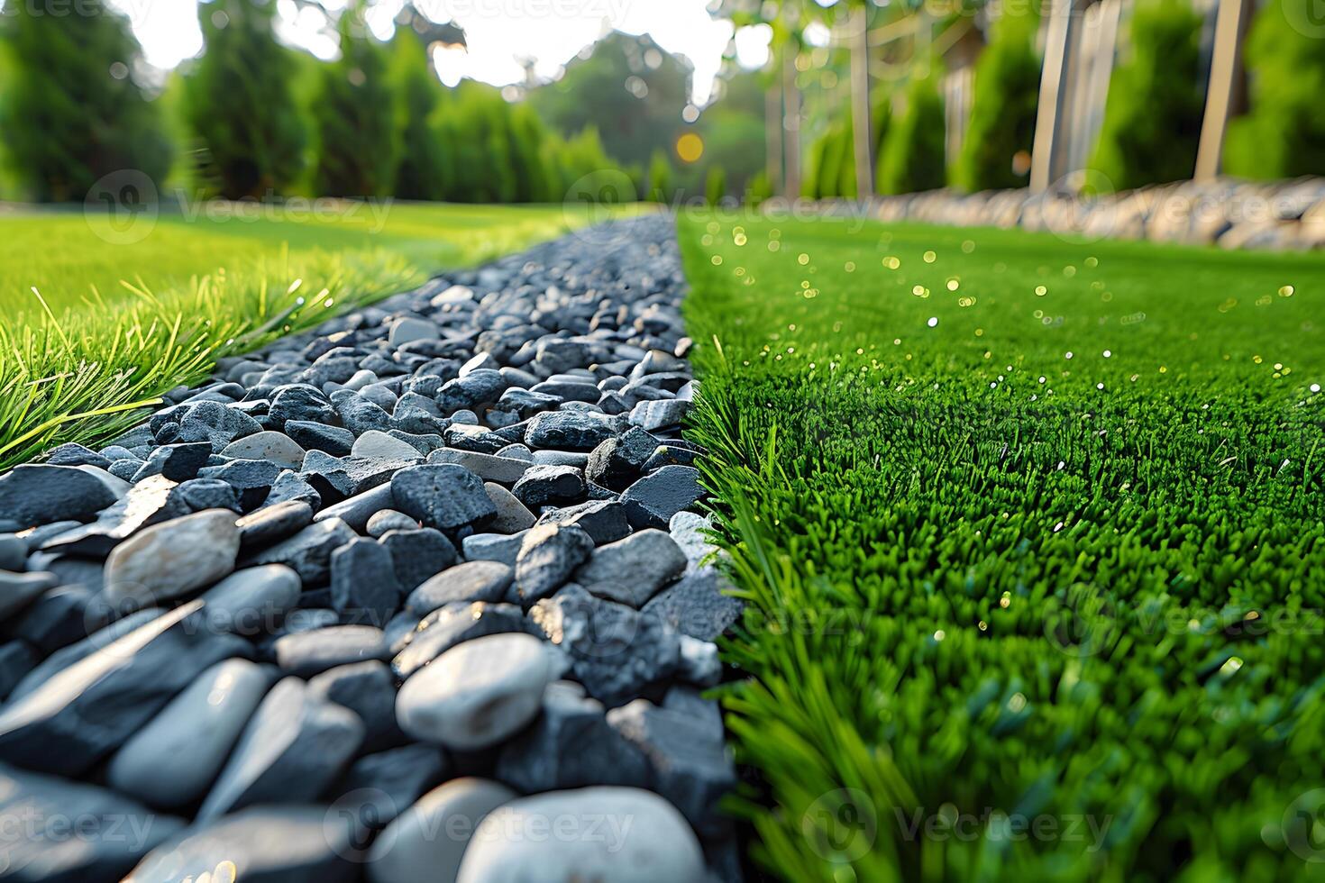 Serene Garden Landscape with Lush Grass and Elegant Stone Pathway for Outdoor Design Inspiration photo