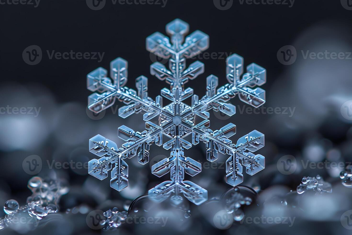 Intricate Snowflake Pattern on Blurred Icy Background for Winter Design and Decor photo