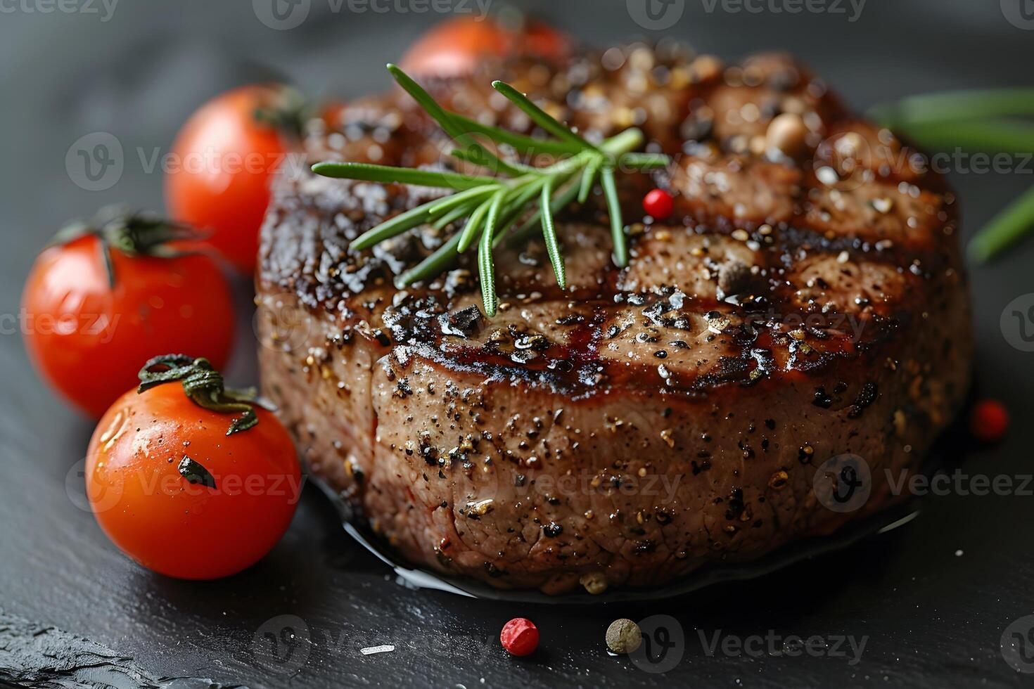 Grilled Pepper-Crusted Steak with Cherry Tomatoes on Slate Plate for Gourmet Dining photo