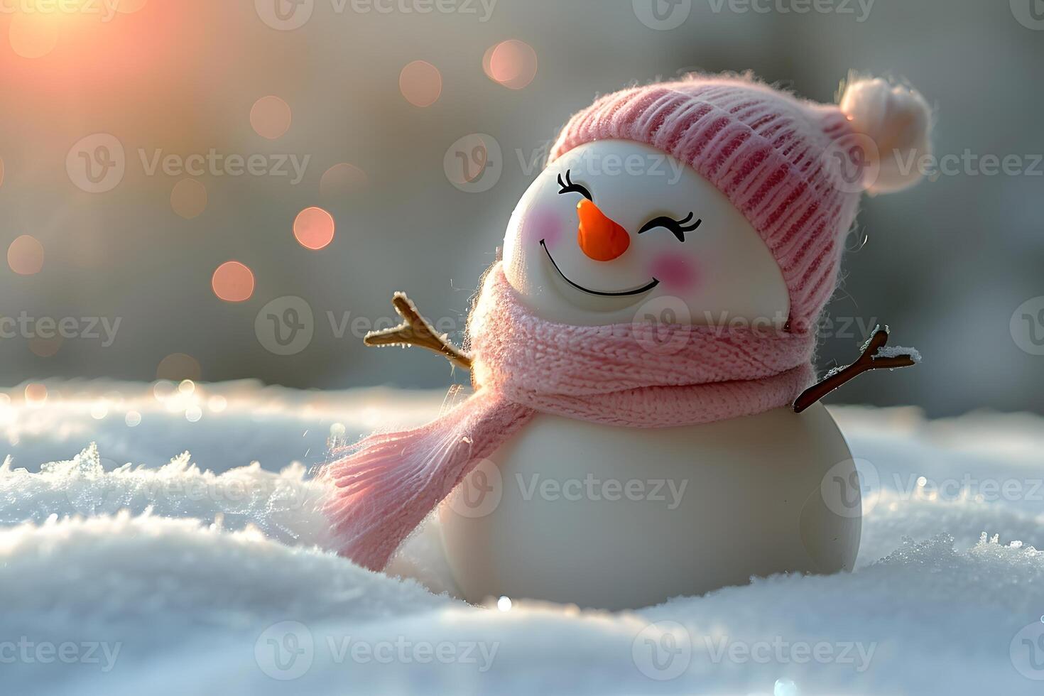 Joyful Snowman in Winter Sunrise for Holiday Card Design photo