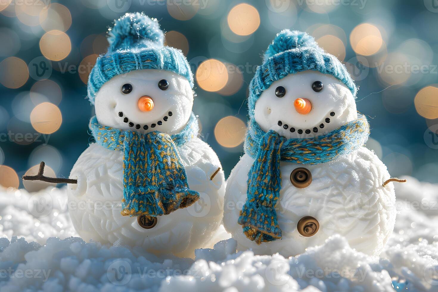 Festive Winter Snowmen Duo with Blue Hats and Scarves Against a Bokeh Background photo
