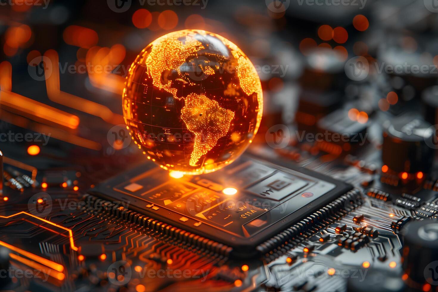 Digital Innovation and Global Connectivity Concept with Circuit Board and Earth photo