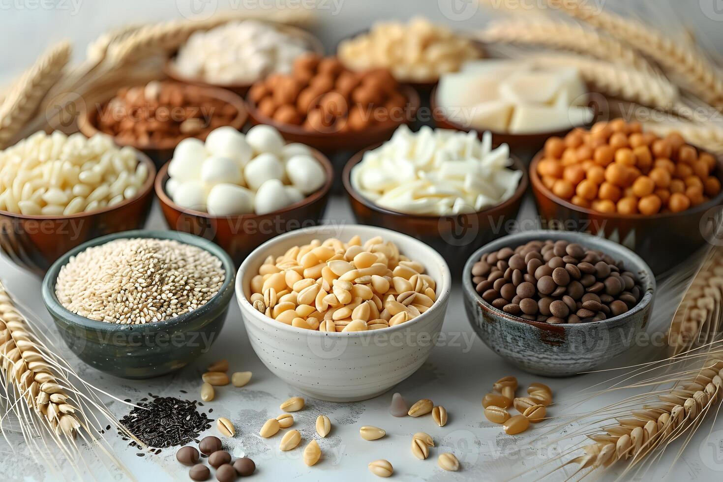 Assorted Grains and Pulses in Bowls Surrounded by Wheat for Culinary Inspiration and Nutrition photo
