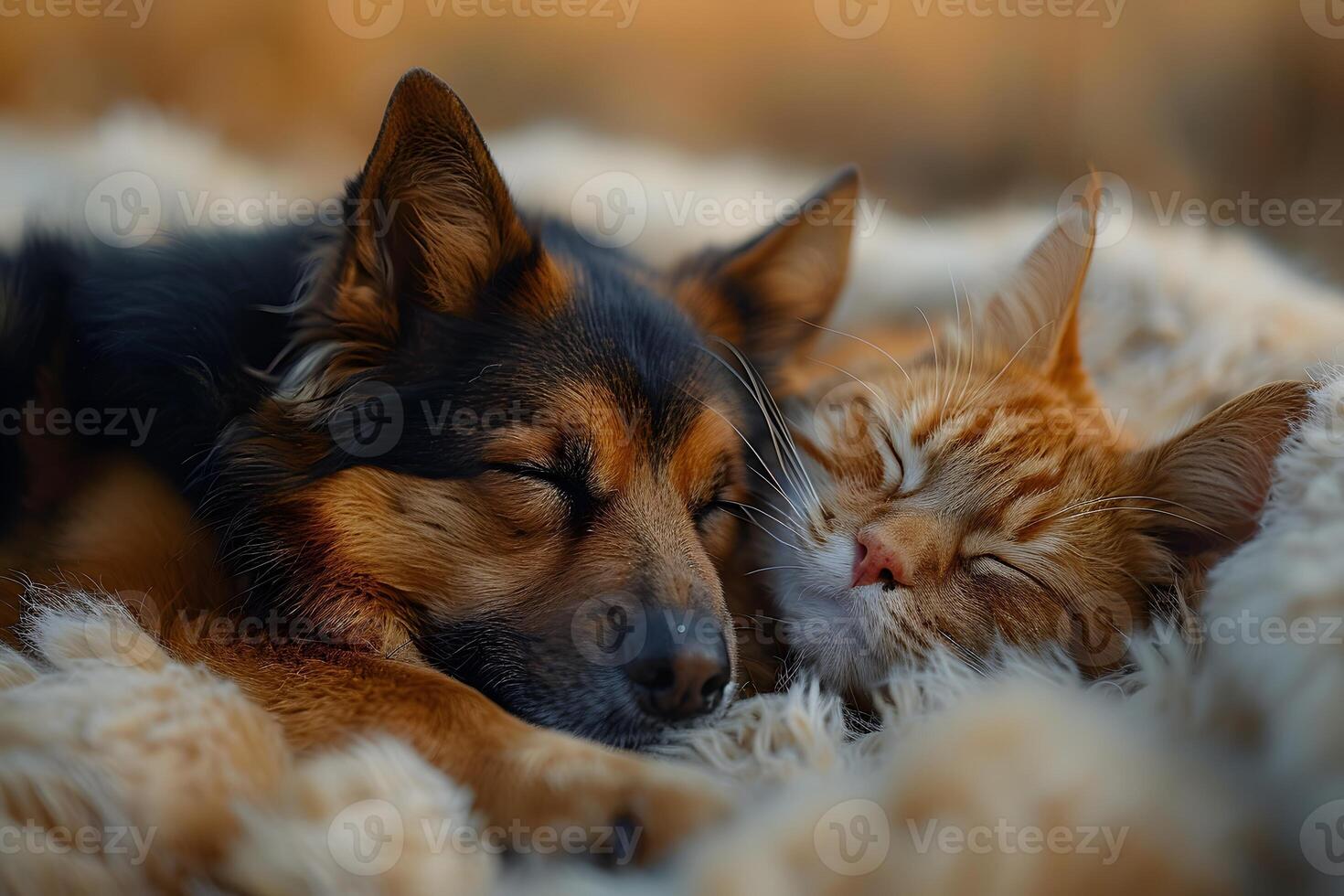 Cozy Companionship Dog and Cat Resting Together on Fluffy Blanket photo