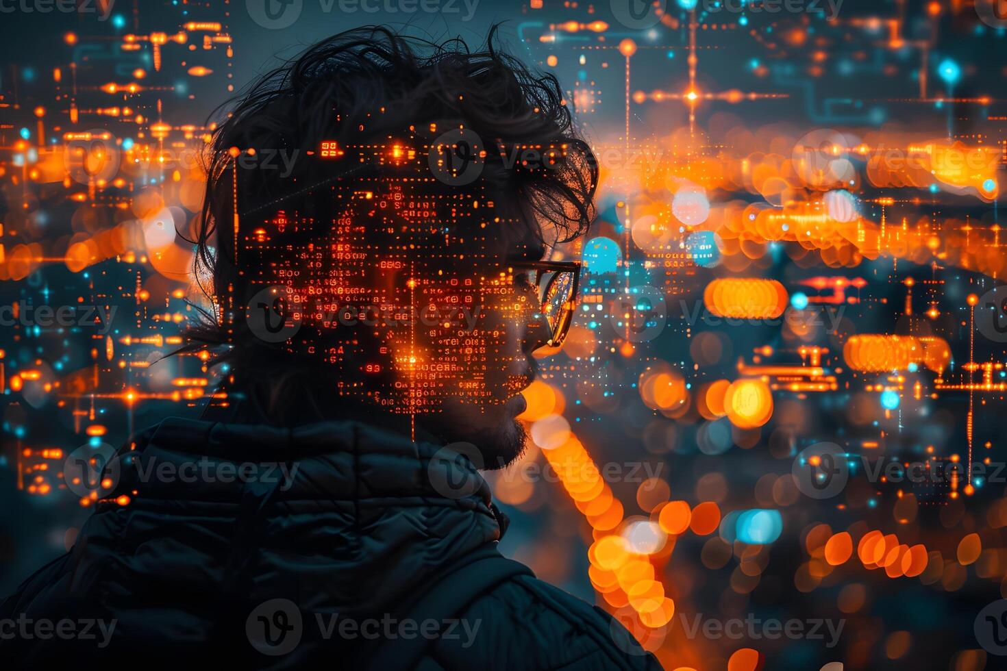 Futuristic Cyberpunk Vision with Bokeh Cityscape photo