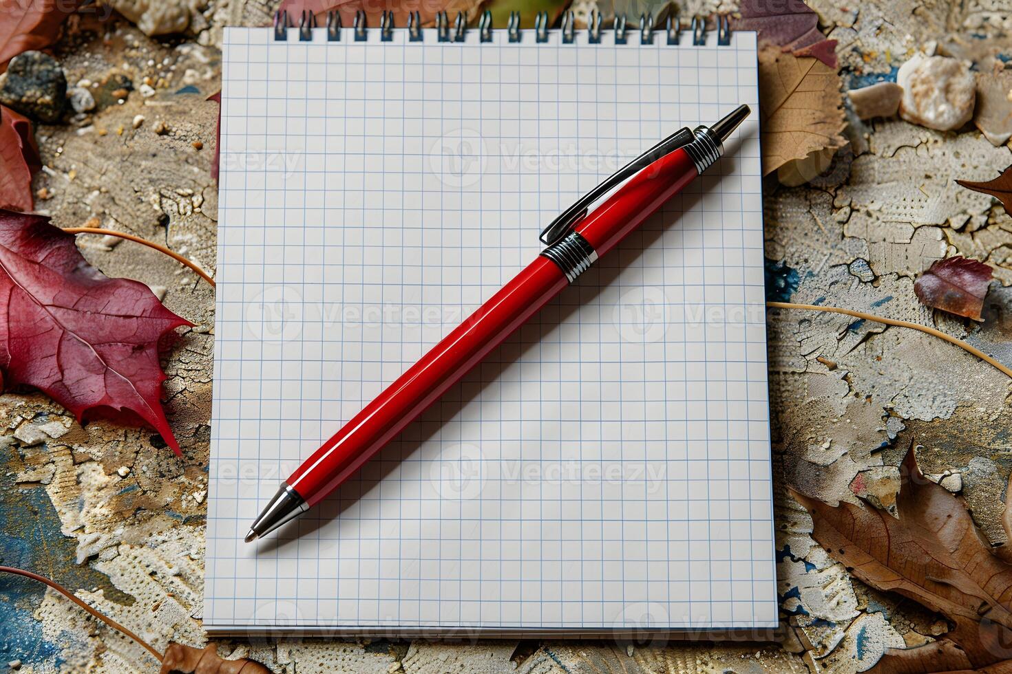 Autumn-Themed Still Life with Grid Notebook and Red Pen for Creative Inspiration photo