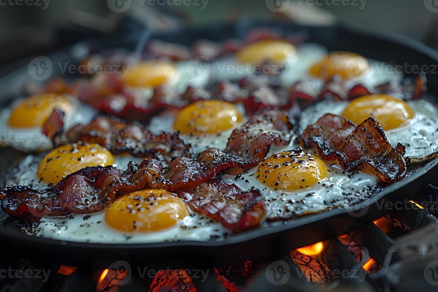 Hearty Breakfast with Bacon and Eggs on a Skillet over Open Flame for Rustic Cooking photo