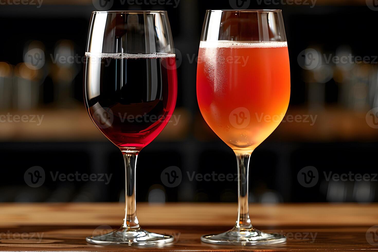 Red and Ros Wine Glasses on Wooden Bar Counter Beverage Concept for Hospitality and Dining Design photo
