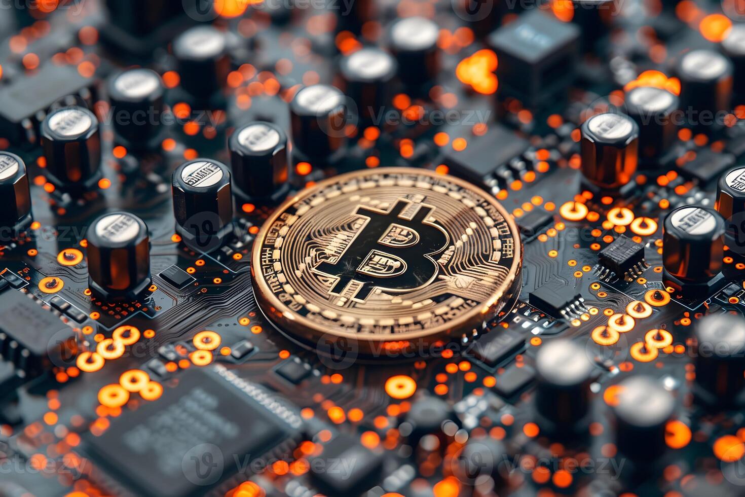 Cryptocurrency Concept with Bitcoin on Circuit Board for Finance and Technology Design photo