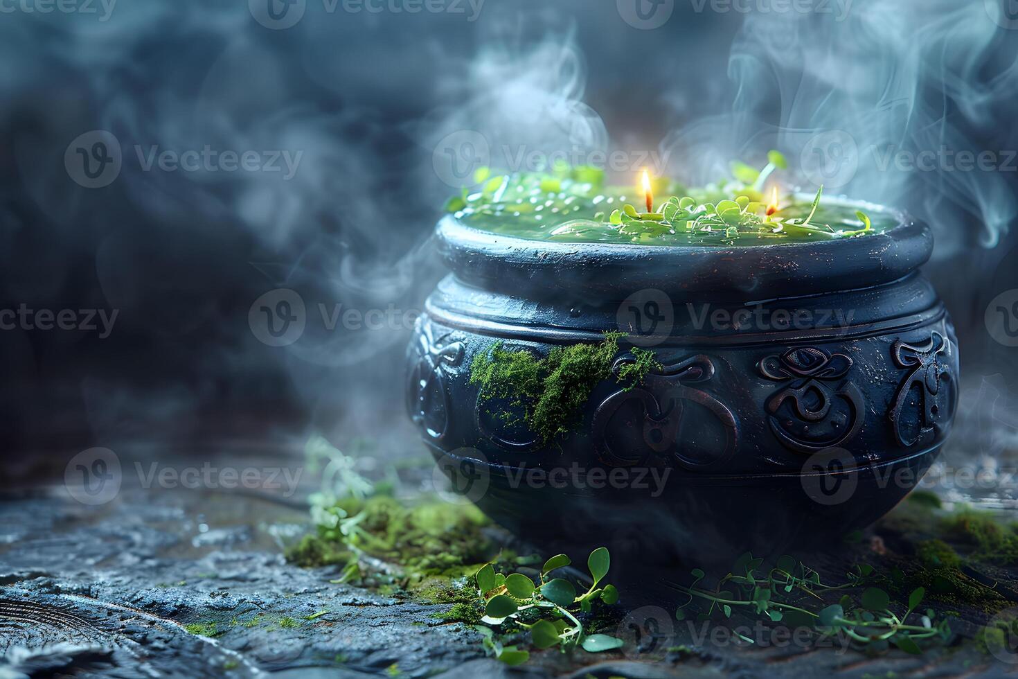 Mystical Meditation Scene with Candlelit Incense Bowl and Lush Green Surroundings for Spiritual Retreats and Tranquility photo