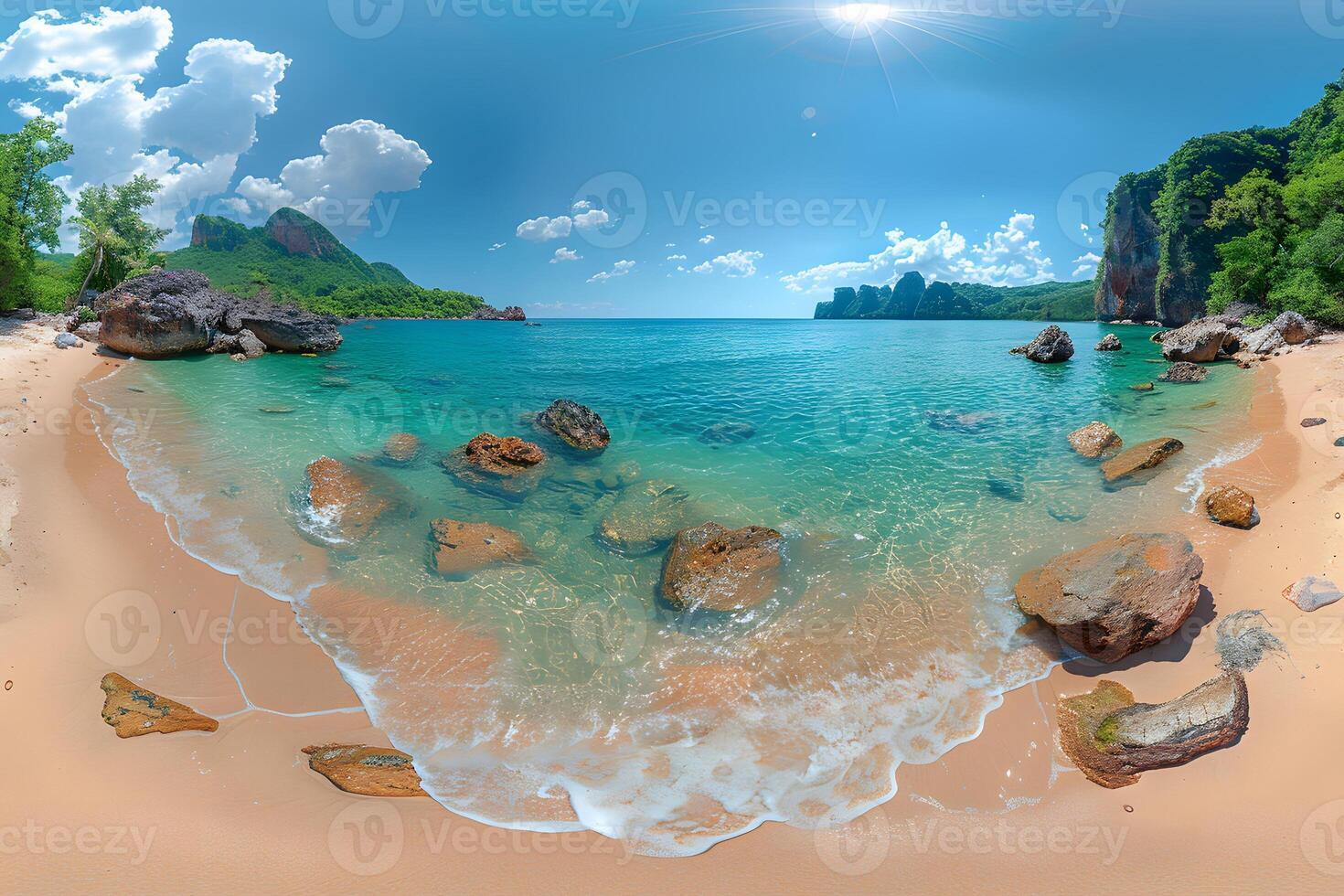 Tranquil Tropical Beach with Crystal Clear Waters and Lush Greenery photo