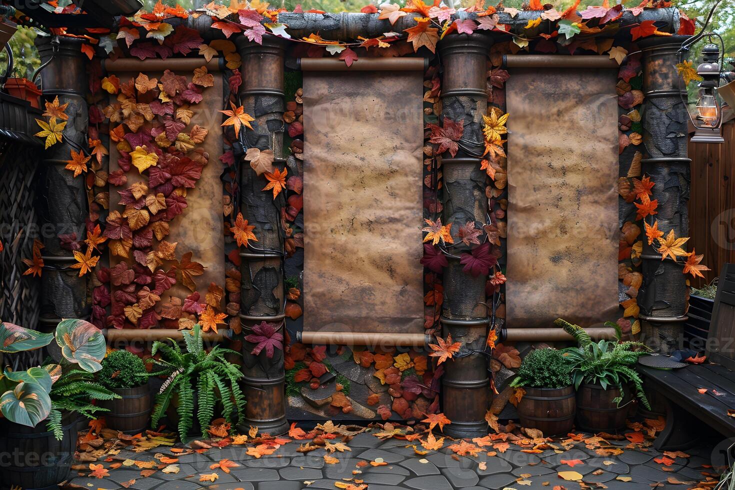 Autumn-Themed Scrolls with Fall Leaves for Seasonal Decor and Design Inspiration photo