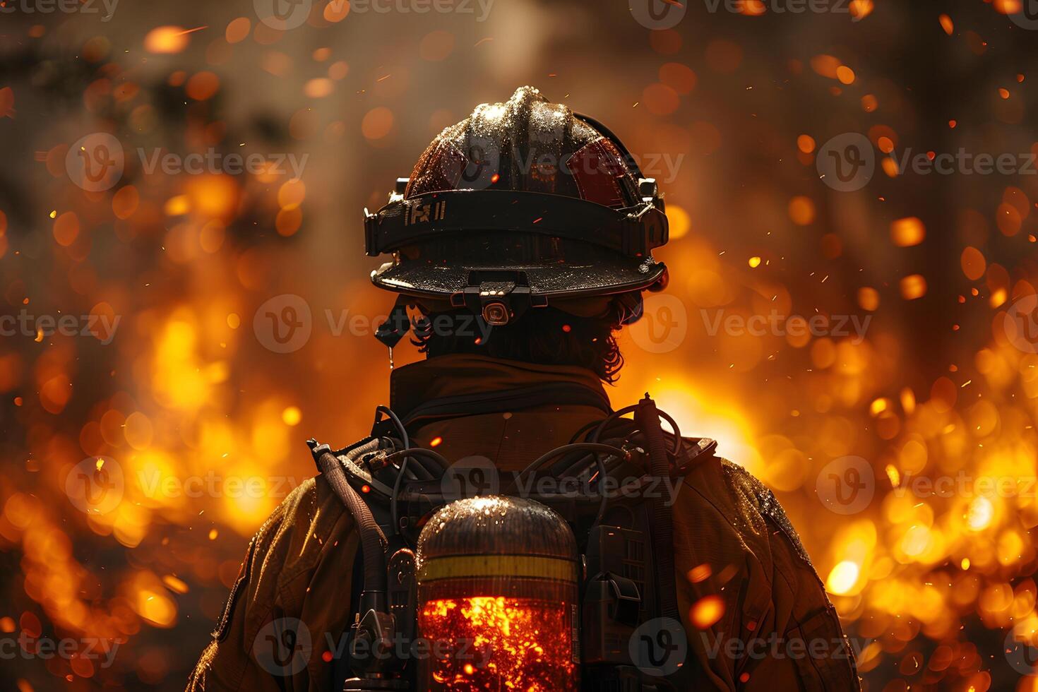 Courageous Firefighter Battling Intense Wildfire with Glowing Embers for Emergency Response and Safety Awareness photo
