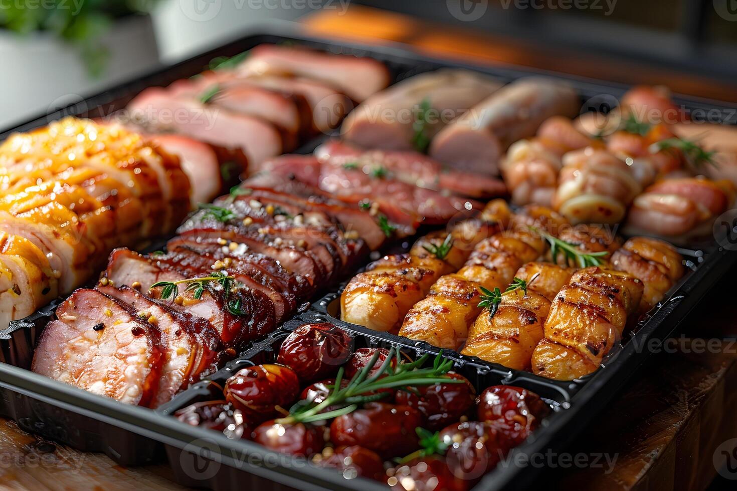 Gourmet Grilled Meat Platter with Rosemary Garnish for Culinary Delight and Festive Dining photo