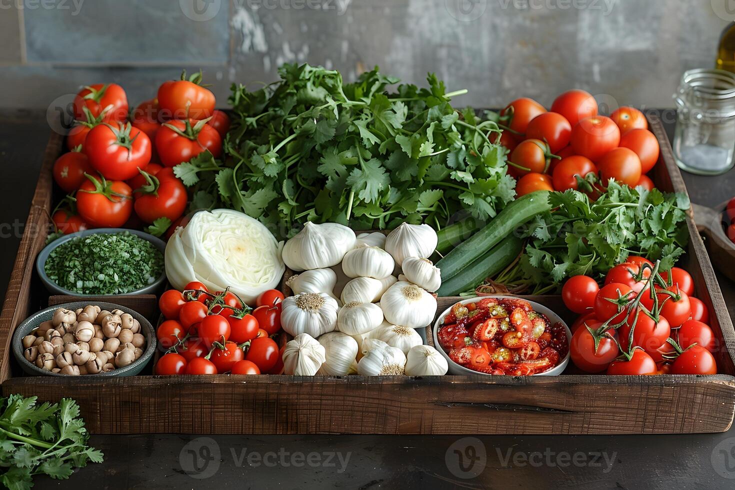 Fresh Produce Selection with Tomatoes, Cilantro, and Garlic for Culinary Inspiration photo