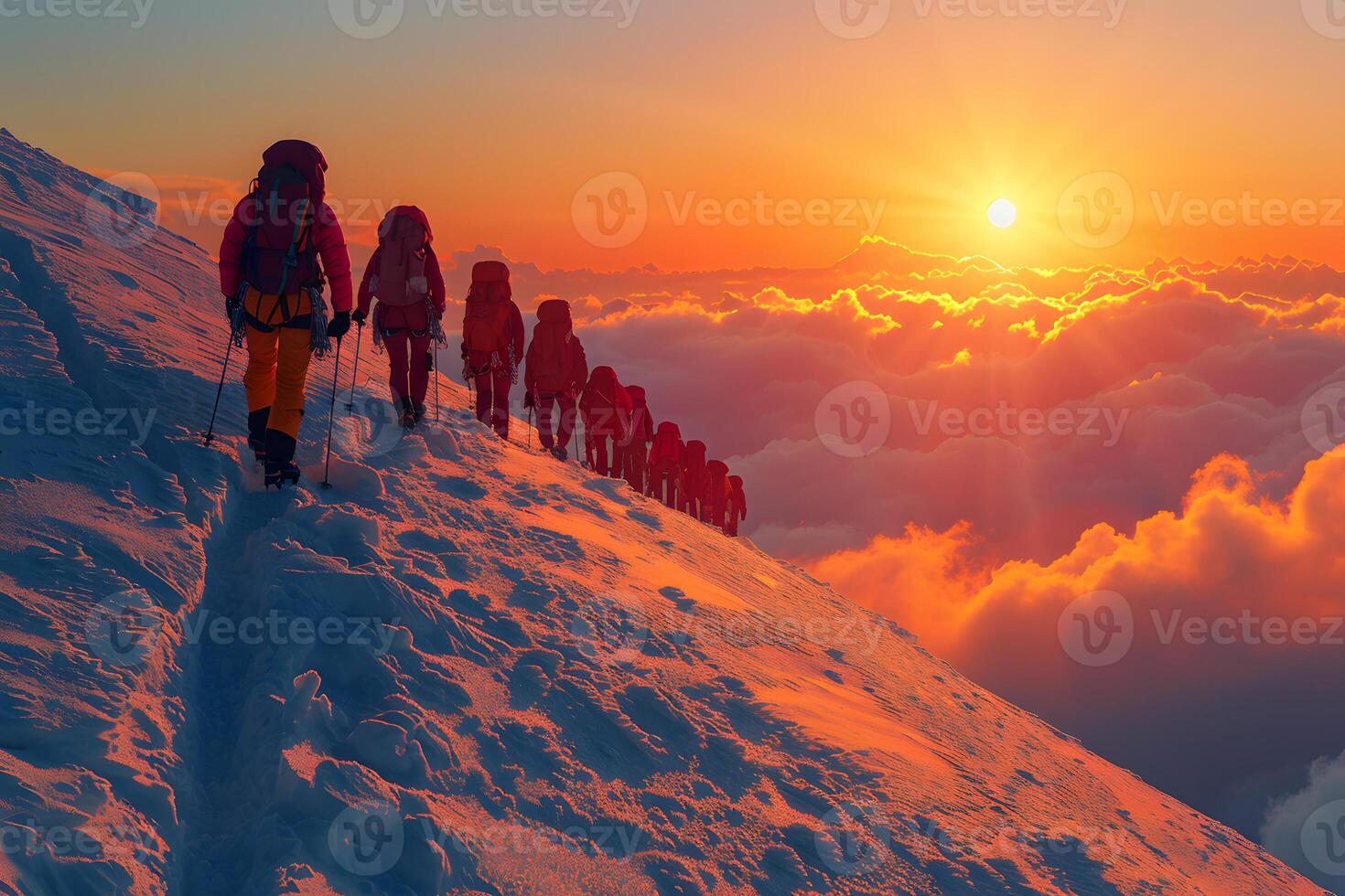 Sunset Mountain Climbing Adventure Team Trekking for Enthusiasts and Posters photo
