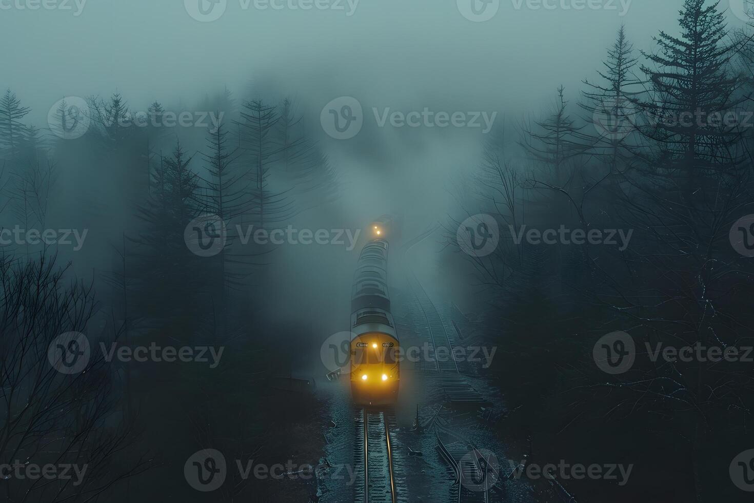 Foggy Train Journey Through Forest Mystery and Adventure Mood photo