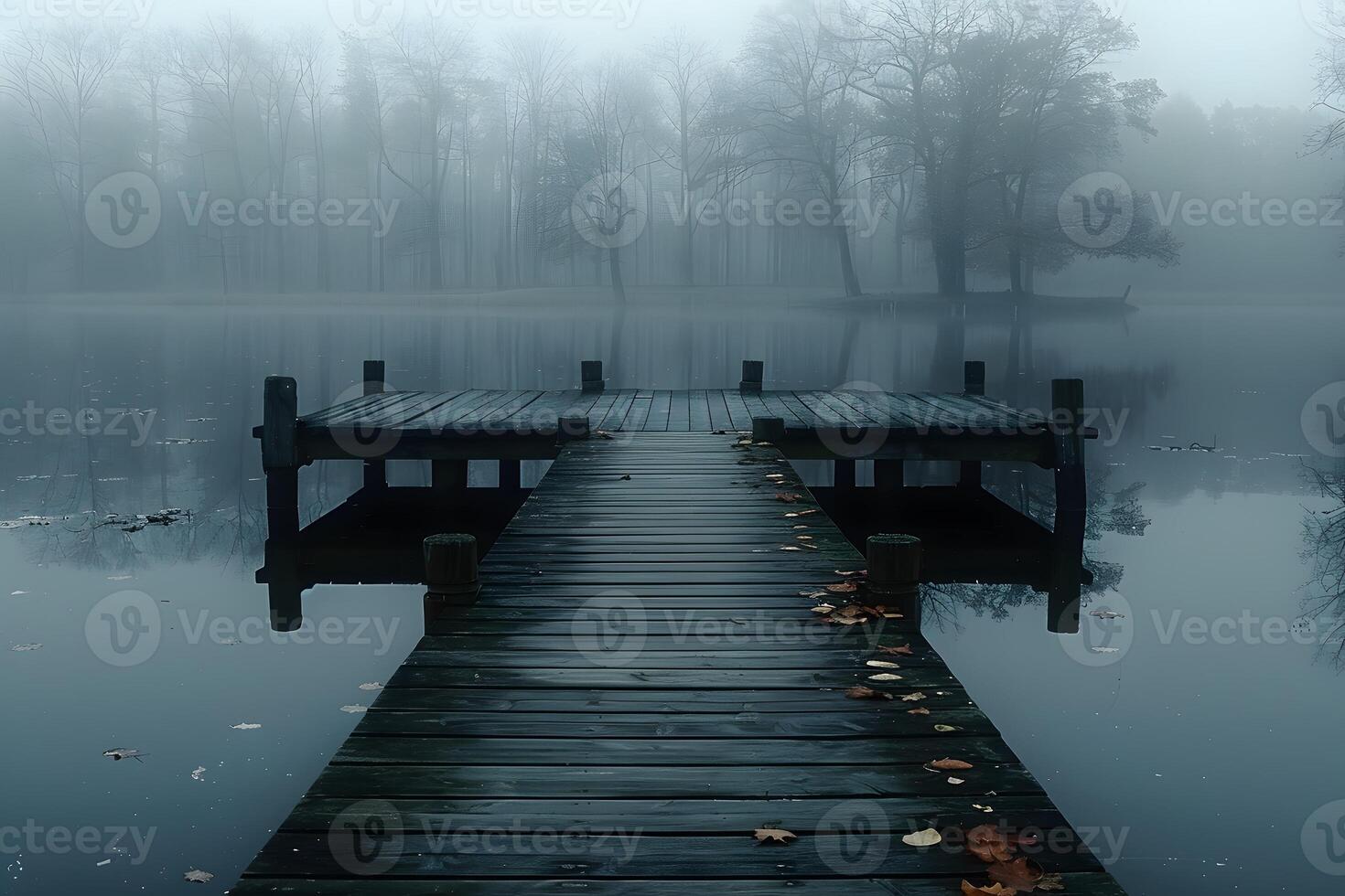 Misty Morning Dock Scene Tranquil Lakeside Atmosphere for Posters and Prints photo