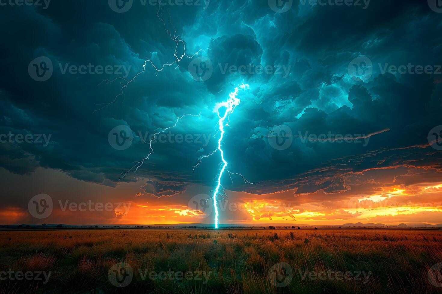 Dramatic Lightning Over Open Field at Sunset for Nature and Weather Photography photo