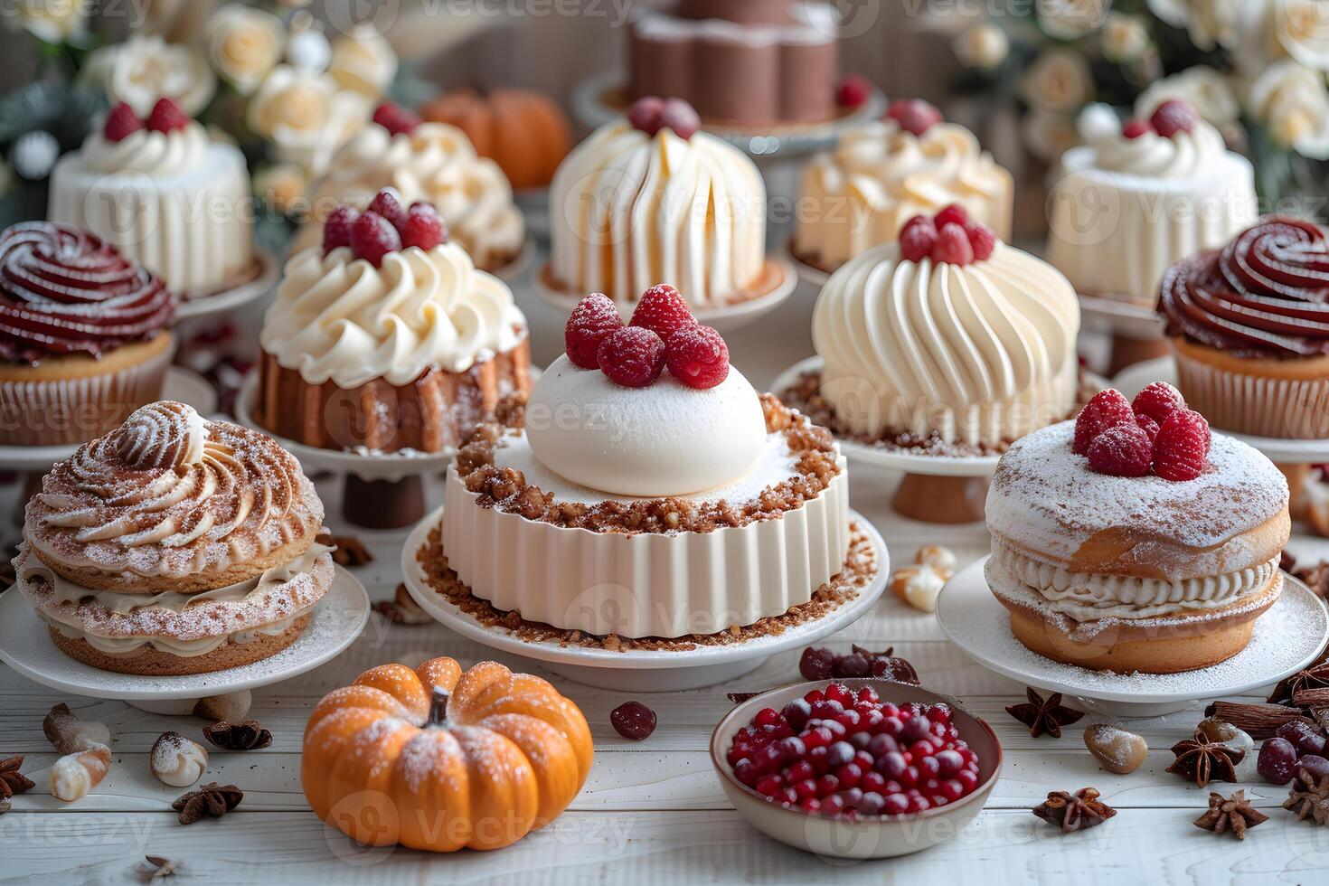 Elegant Dessert Table Display with Creamy Cakes and Seasonal Decorations for Autumn Celebrations photo
