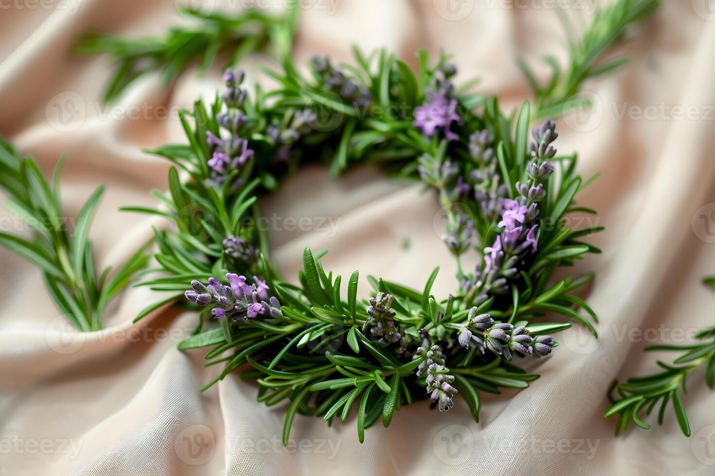 Lavender and Rosemary Wreath on Soft Fabric for Aromatherapy and Home Decor photo