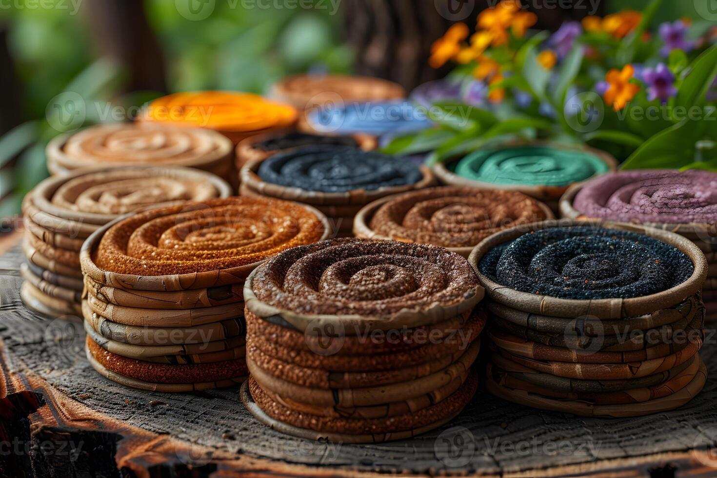 Vibrant Coiled Incense Display on Rustic Wooden Surface for Aromatic Ambiance photo