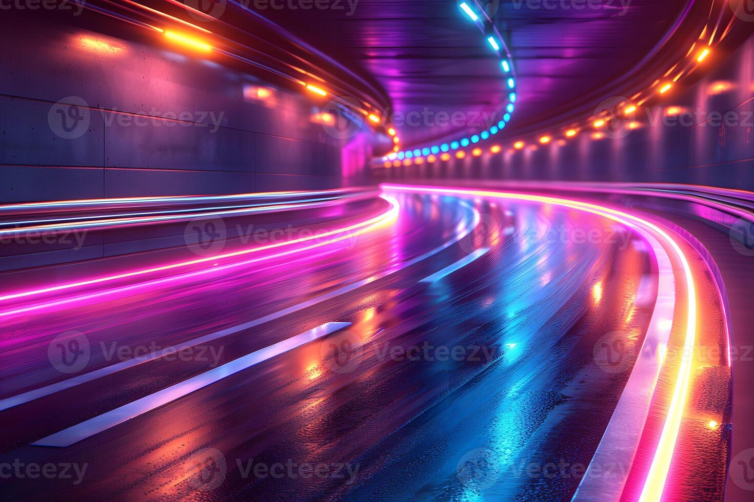 Futuristic Neon Tunnel with Vibrant Light Trails for Modern Urban Design photo