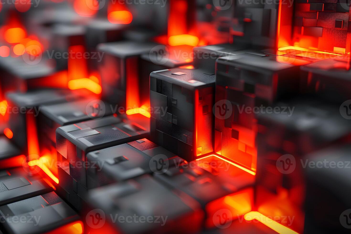 Futuristic Abstract Geometric Background with Glowing Red and Black Cubes photo