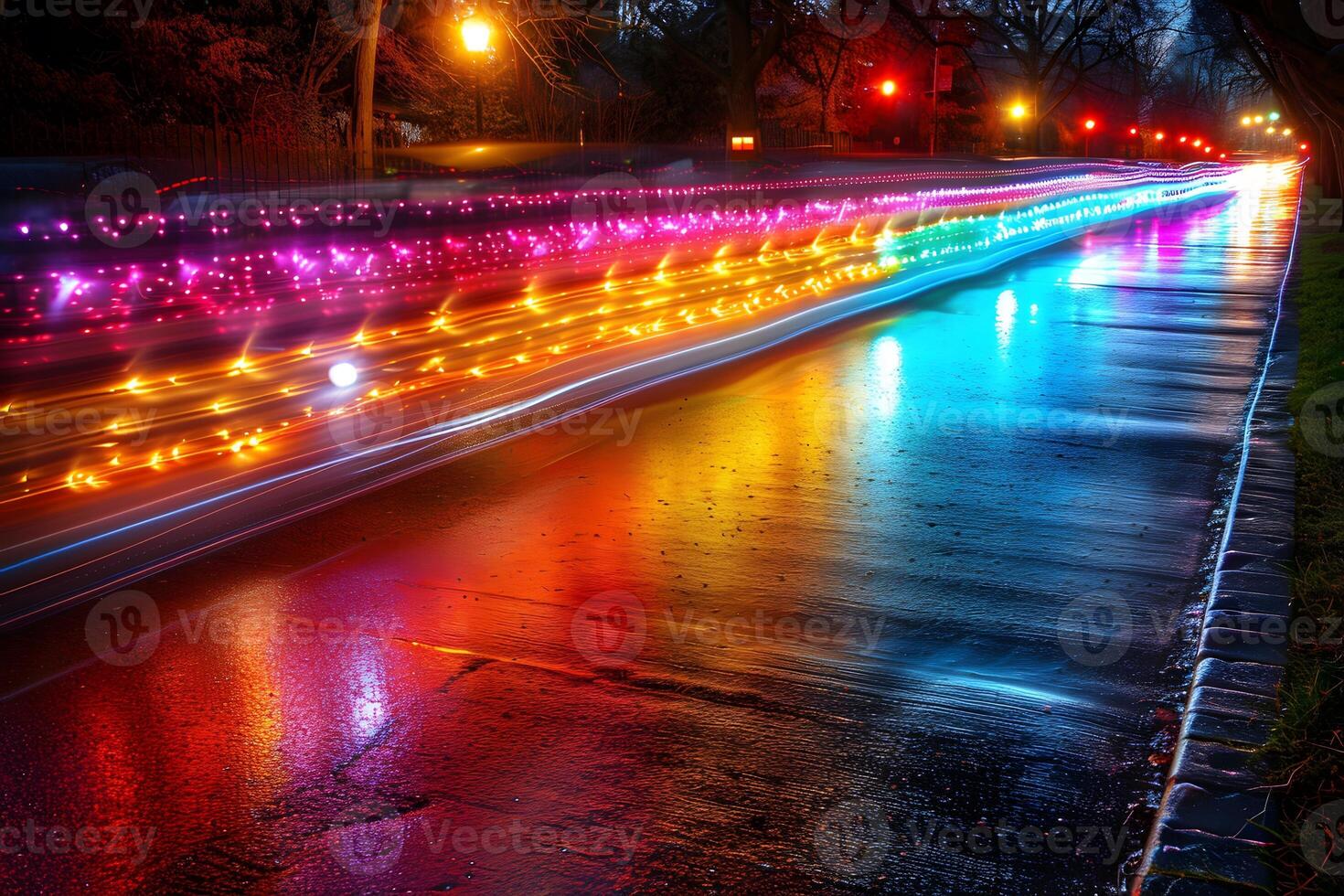 Vibrant City Nightscape with Colorful Light Trails on Wet Street photo