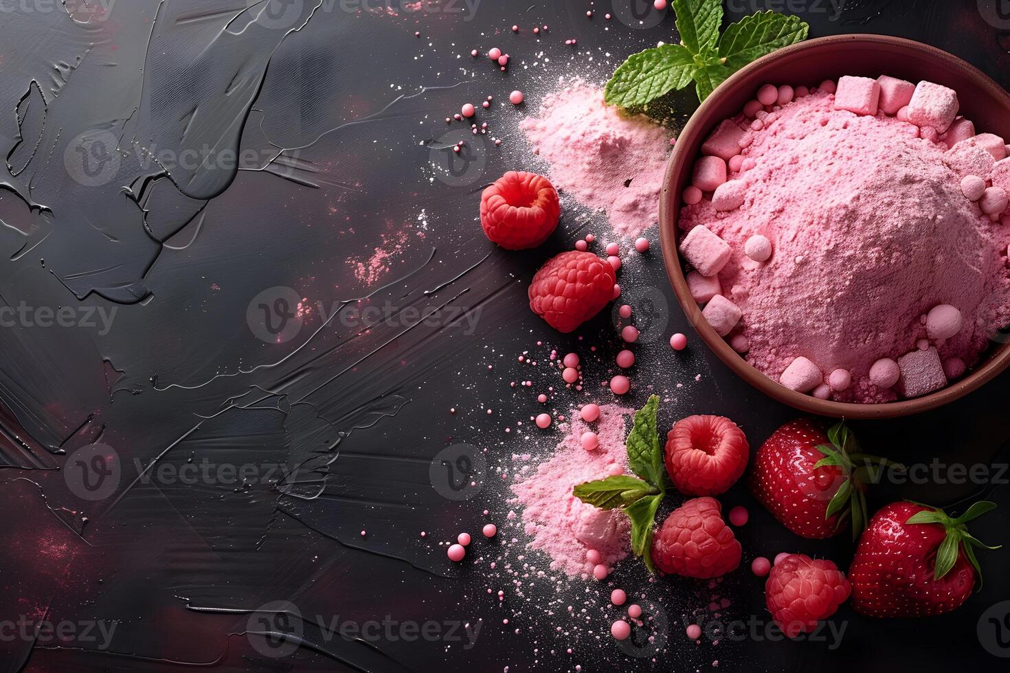 Raspberry Strawberry Dessert Blend with Mint on Dark Textured Surface for Culinary Creations photo