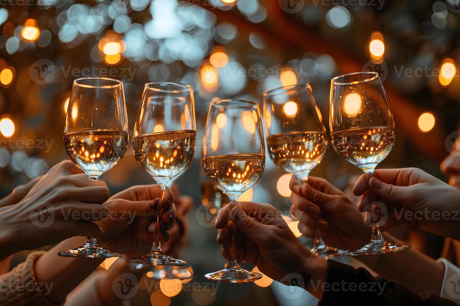 Celebratory Toast with Sparkling Wine Glasses Under Festive String Lights photo