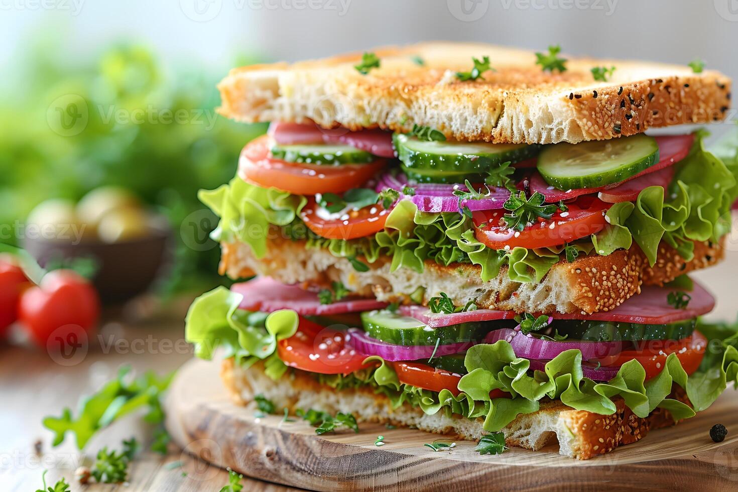 Fresh Vegetable Sandwich with Lettuce, Tomato, and Cucumber on Whole Grain Bread for Healthy Lunch photo