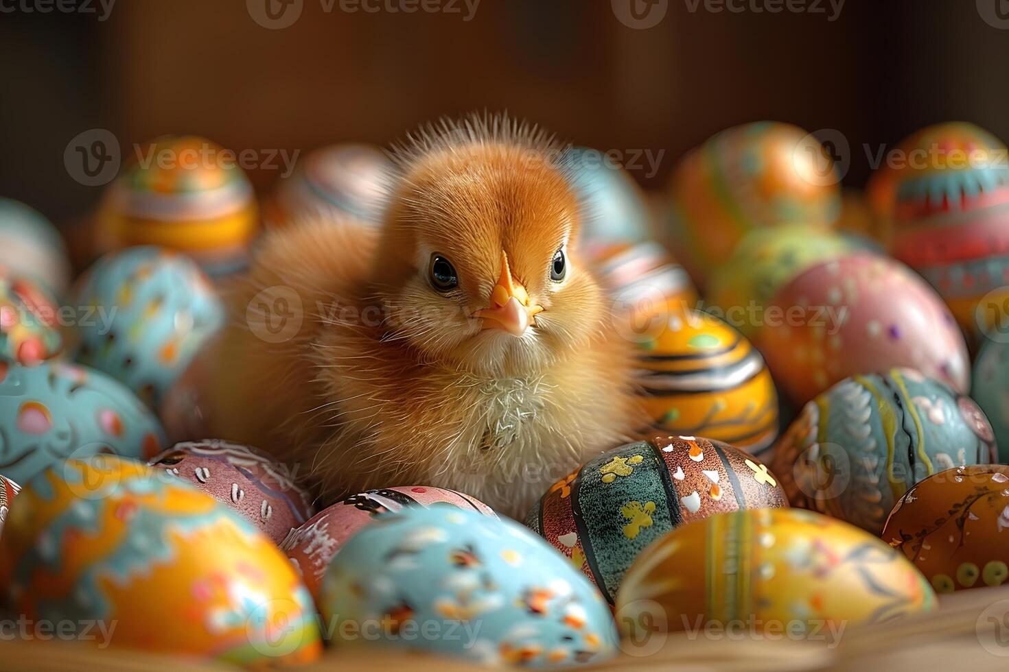 Adorable Chick Nestled Among Vibrant Easter Eggs Perfect for Spring Design photo