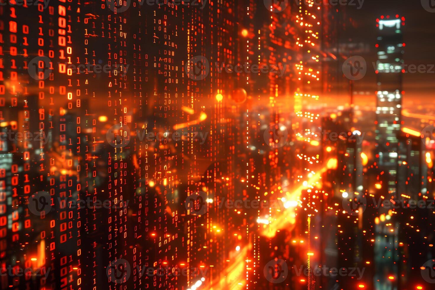 Futuristic Digital Cityscape with Abstract Binary Code and Illuminated Skyline photo