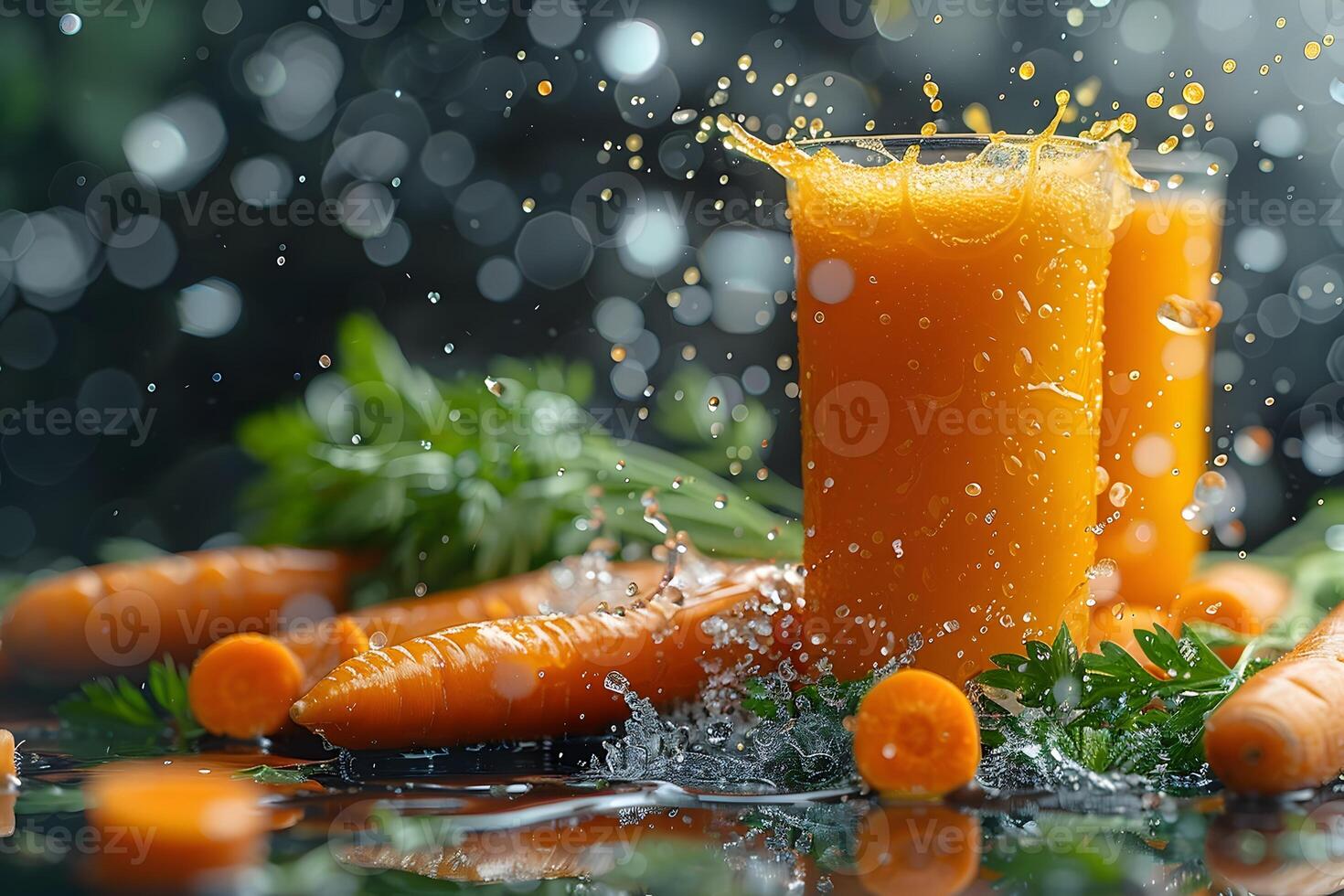 Refreshing Carrot Juice Splash with Fresh Carrots and Water Droplets in Vibrant Light photo