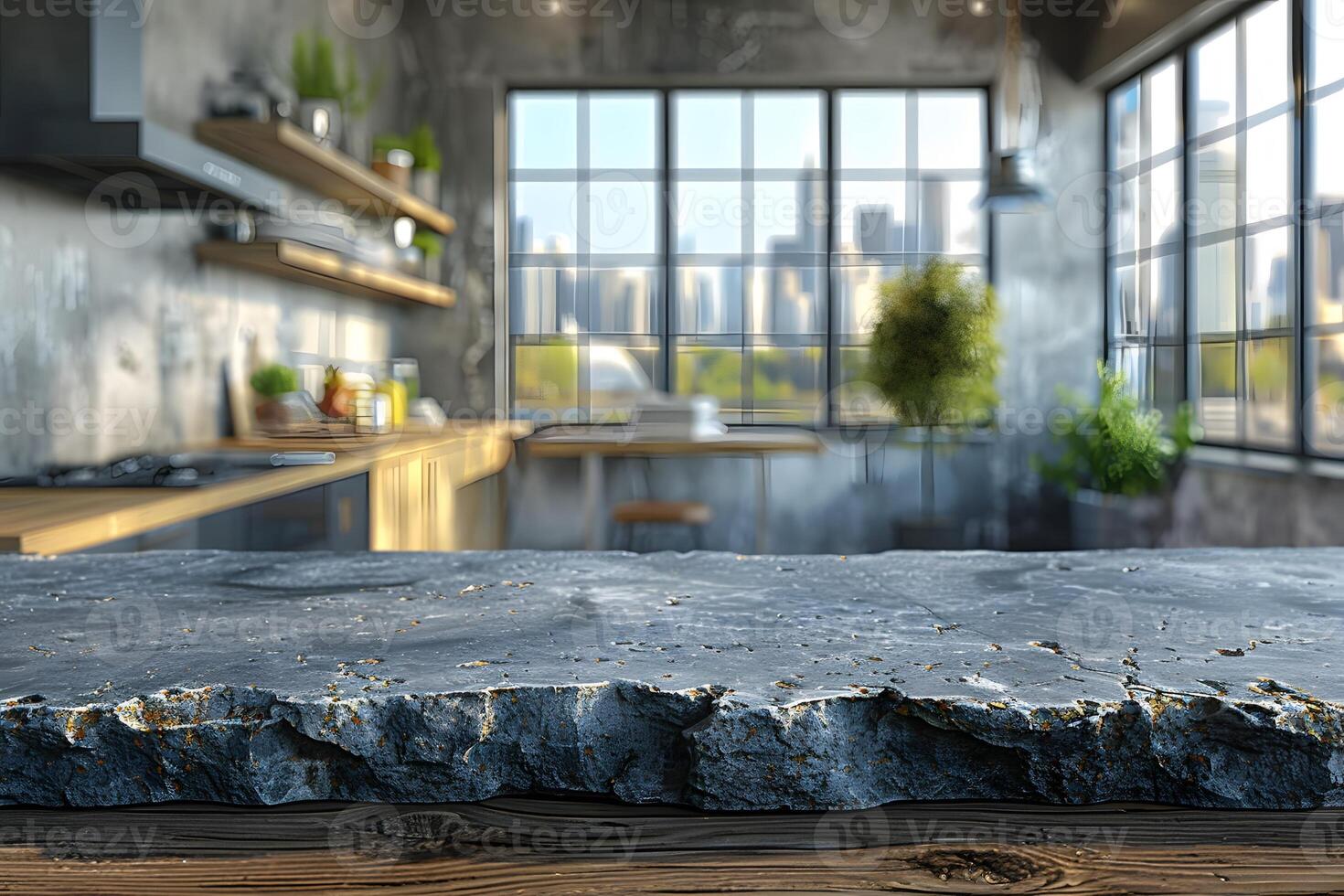 Rustic Urban Kitchen with Stone Countertop and City Skyline Views for Modern Interior Design photo