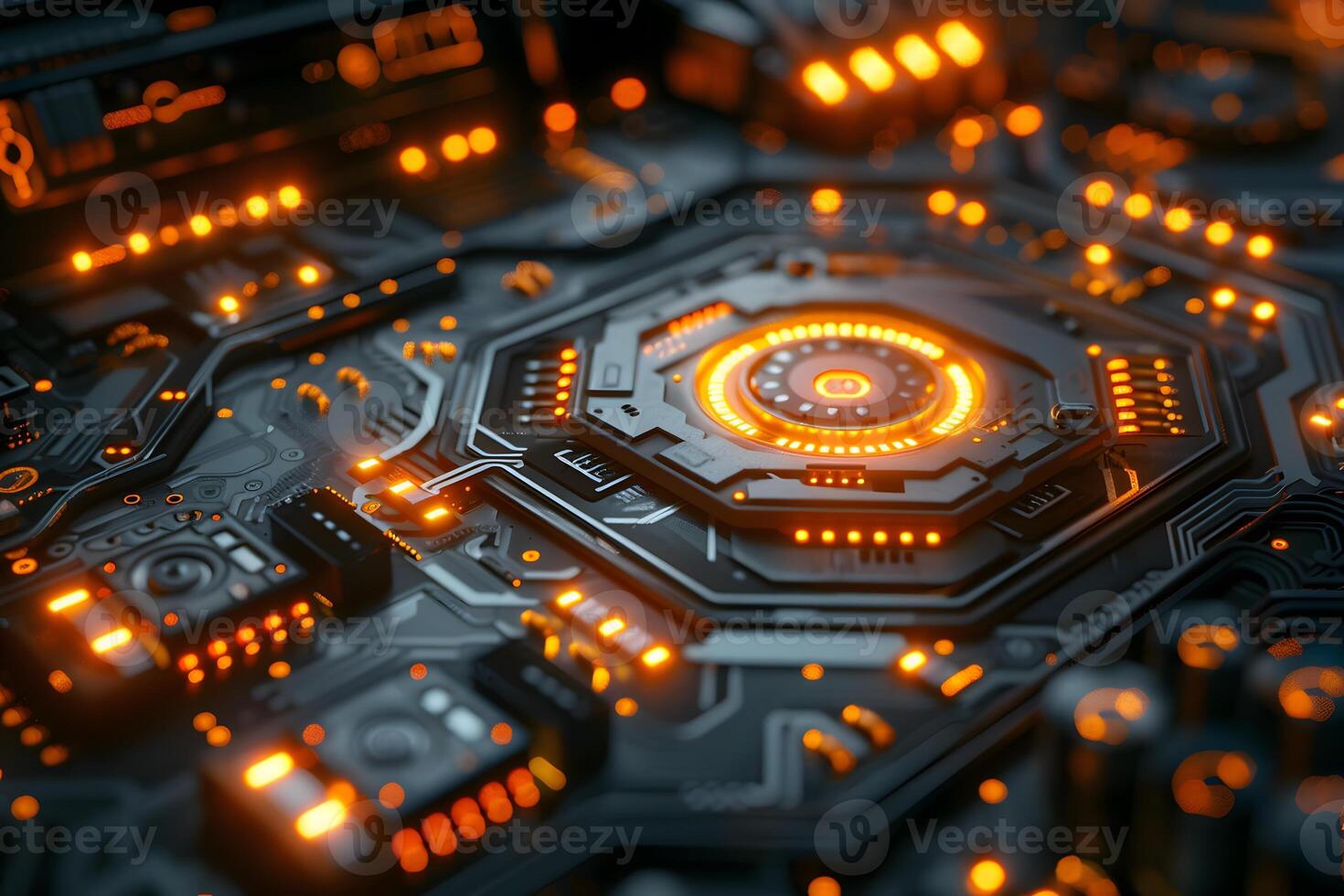 Futuristic Circuit Board with Glowing Orange Elements for Technology Concept Art photo