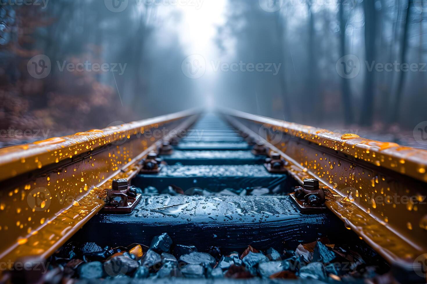 Misty Railroad Tracks Foggy Autumn Journey on Wet Metal Rails photo
