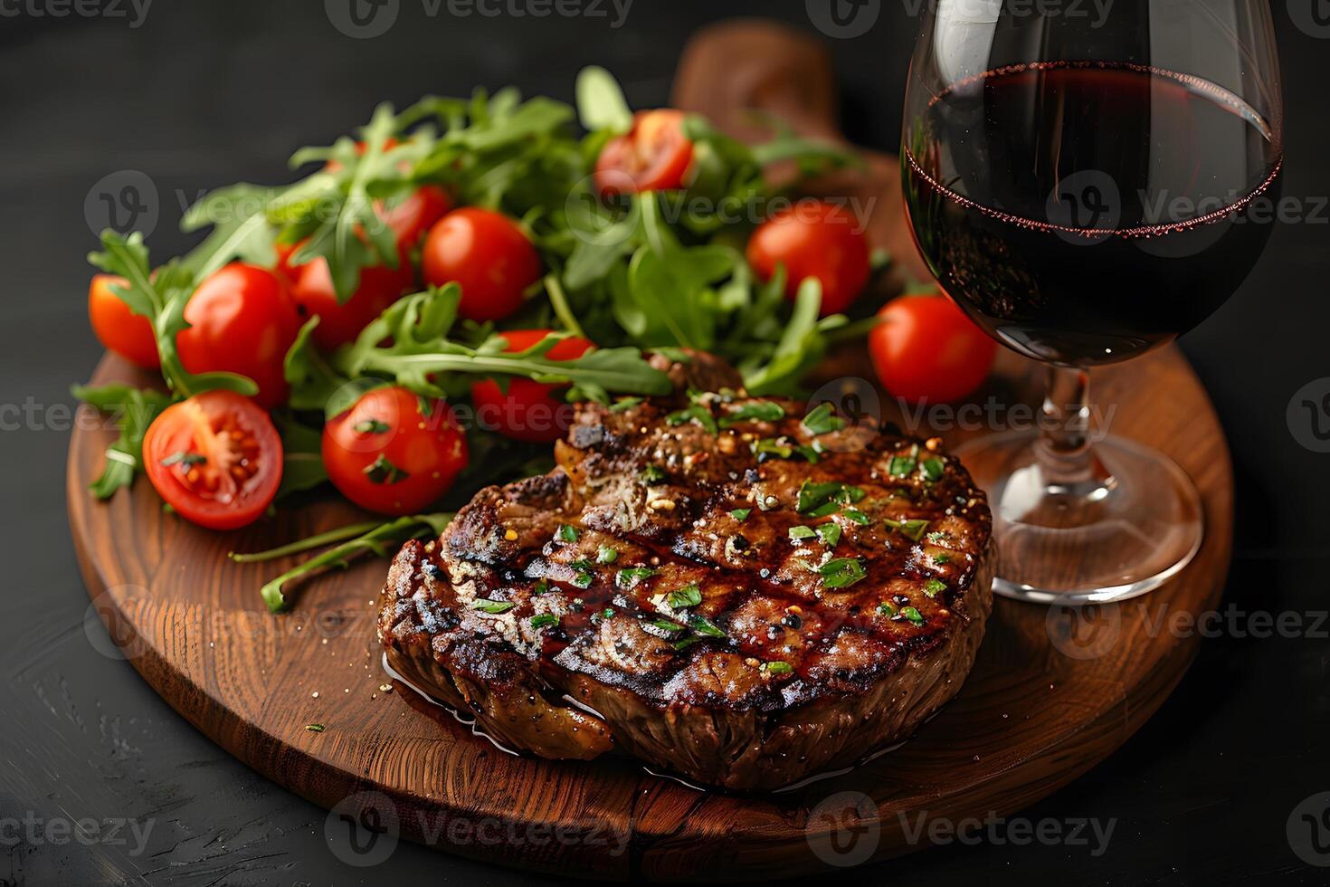 Grilled Steak with Fresh Arugula and Tomatoes Paired with Red Wine for Elegant Dining photo
