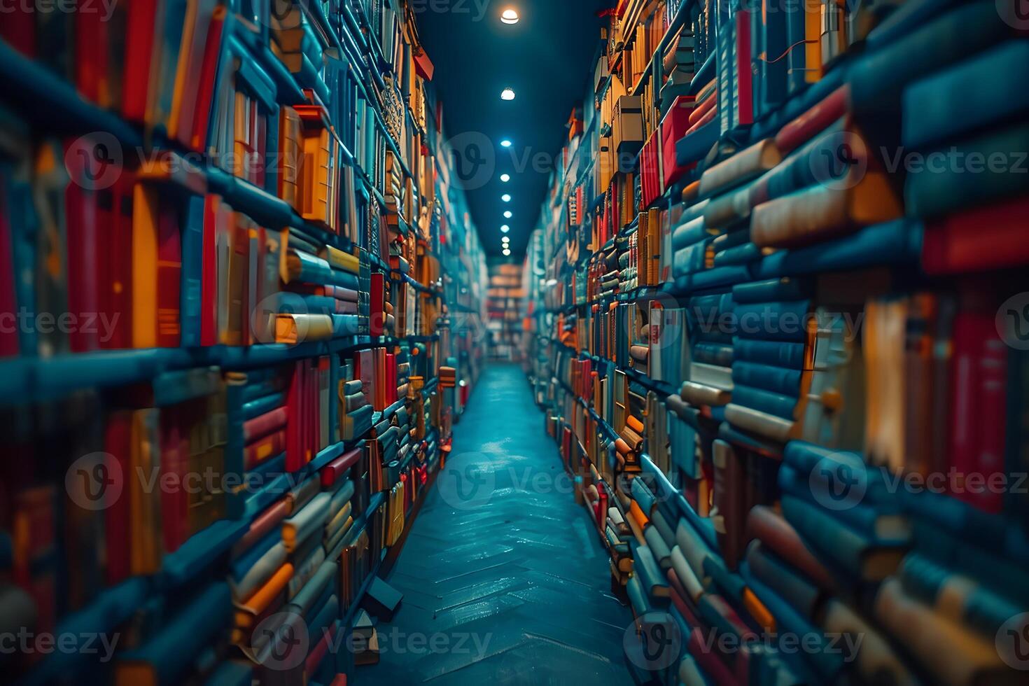 Enchanting Bookstore Aisle - Endless Bookshelves in Dreamlike Lighting photo